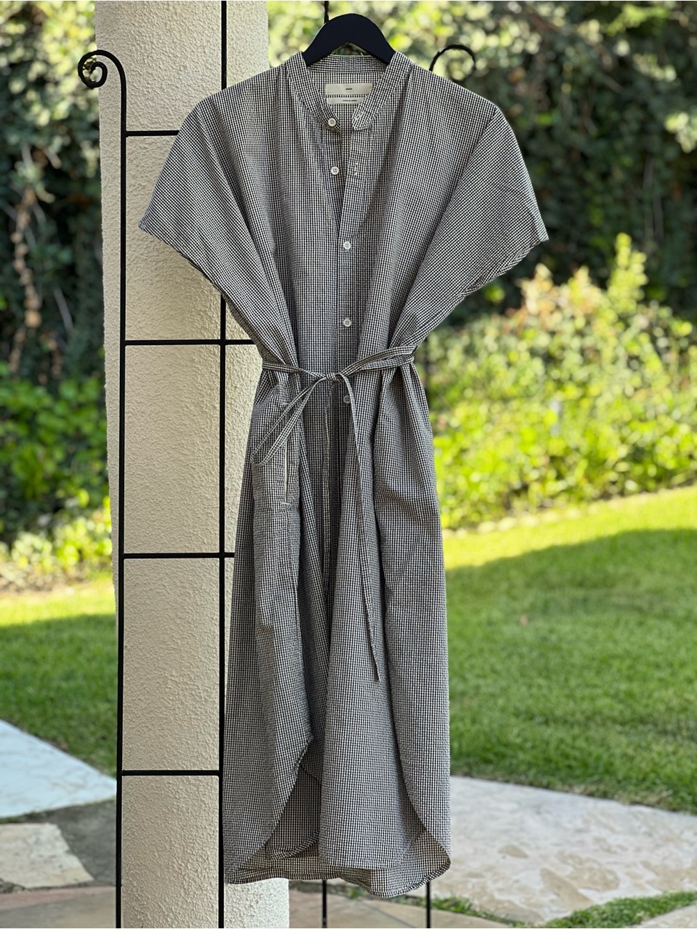 Button-Front Midi Shirt Dress w/Waist Tie in Black & White Gingham